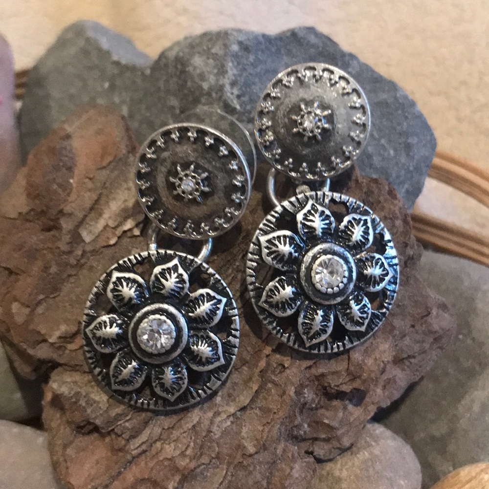 Silver boho sparkle flower southwestern earrings